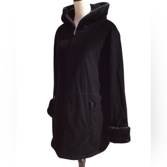 Forecaster Sport Black Velvet Hooded Coat Faux Fur Trim Size Large - Picture 4 of 12